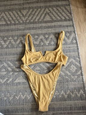 PacSun LA Hearts Gold-Trim Bikini Set in Warm Beige